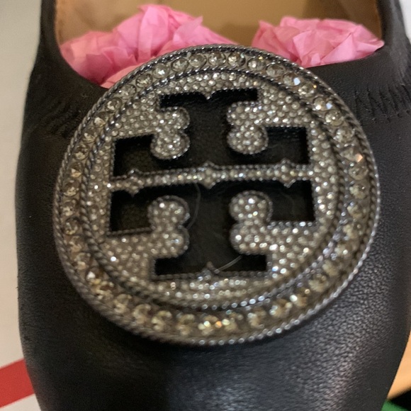Tory Burch Black Leather Sparkle Logo Flats - Picture 6 of 6